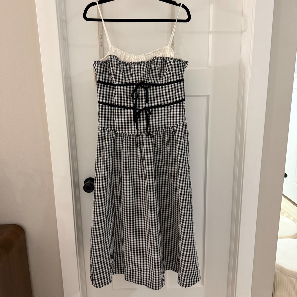 For Love & Lemons Georgia Gingham Midi Dress Black White Size XL New Cottagecore